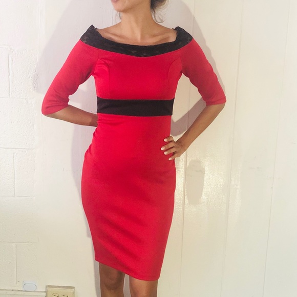 VENUS sexy red with black lace midi dress - Picture 2 of 3